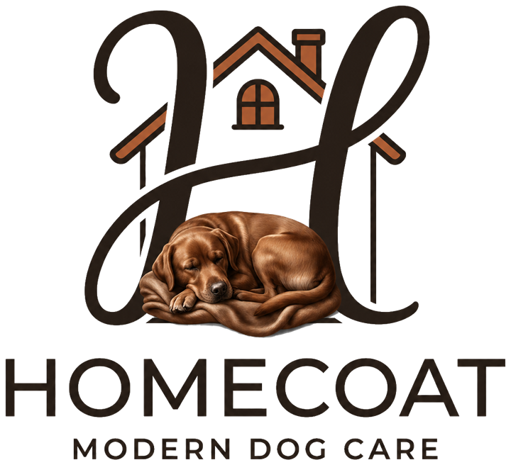 Homecoat — Modern Dog Care. A dog sleeping curled inside the calligraphic letter H under a house roof.